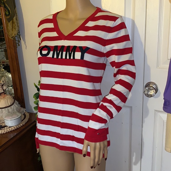 Tommy Hilfiger red white Striped v neck pullover sweater tunic S - Picture 2 of 14